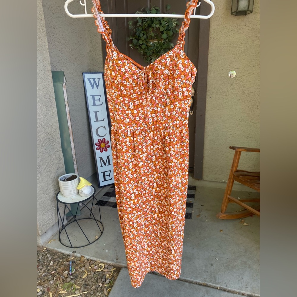Orange floral midi length dress